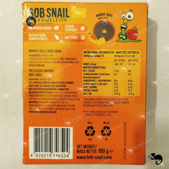ŚLIMAK BOB SNAIL przekąska owocowa BEZ CUKRU MANGO 100G x4 0,4KG 40szt x10g ŚLIMAK BOB SNAIL przekąska owocowa BEZ CUKRU MANGO 100G x4 0,4KG 40szt x10g