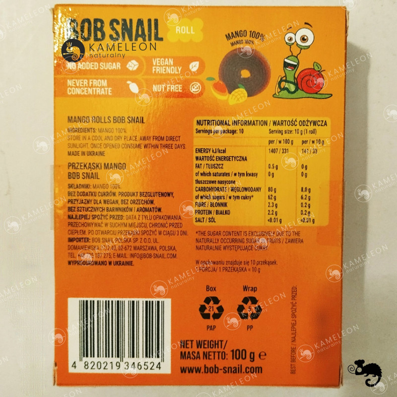 ŚLIMAK BOB SNAIL przekąska owocowa BEZ CUKRU MANGO 100G x4 0,4KG 40szt x10g