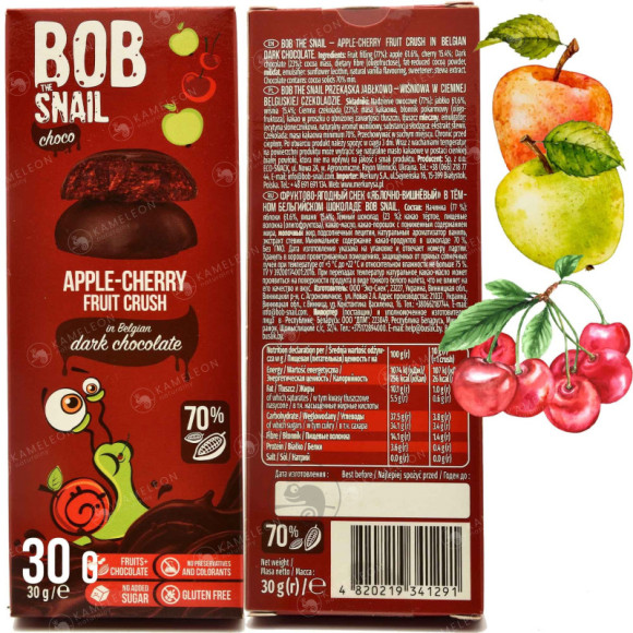 ŚLIMAK BOBSNAIL PRZEKĄSKA OWOCOWA JABŁKO-WIŚNIA w ciemnej CZEKOLADZIE 30G ŚLIMAK BOBSNAIL PRZEKĄSKA OWOCOWA JABŁKO-WIŚNIA w ciemnej CZEKOLADZIE 30G