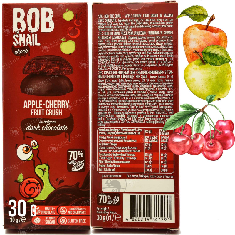 ŚLIMAK BOBSNAIL PRZEKĄSKA OWOCOWA JABŁKO-WIŚNIA w ciemnej CZEKOLADZIE 30G