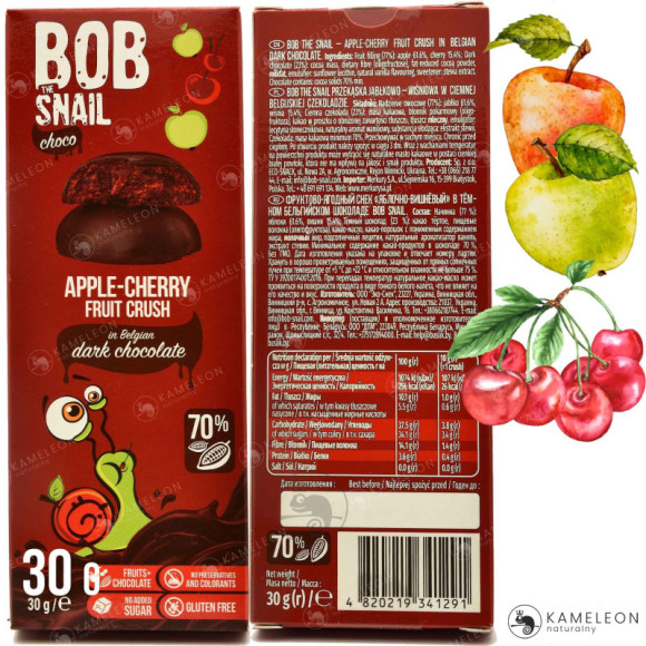 ŚLIMAK BOBSNAIL PRZEKĄSKA OWOCOWA JABŁKO-WIŚNIA w ciemnej CZEKOLADZIE 30G ŚLIMAK BOBSNAIL PRZEKĄSKA OWOCOWA JABŁKO-WIŚNIA w ciemnej CZEKOLADZIE 30G