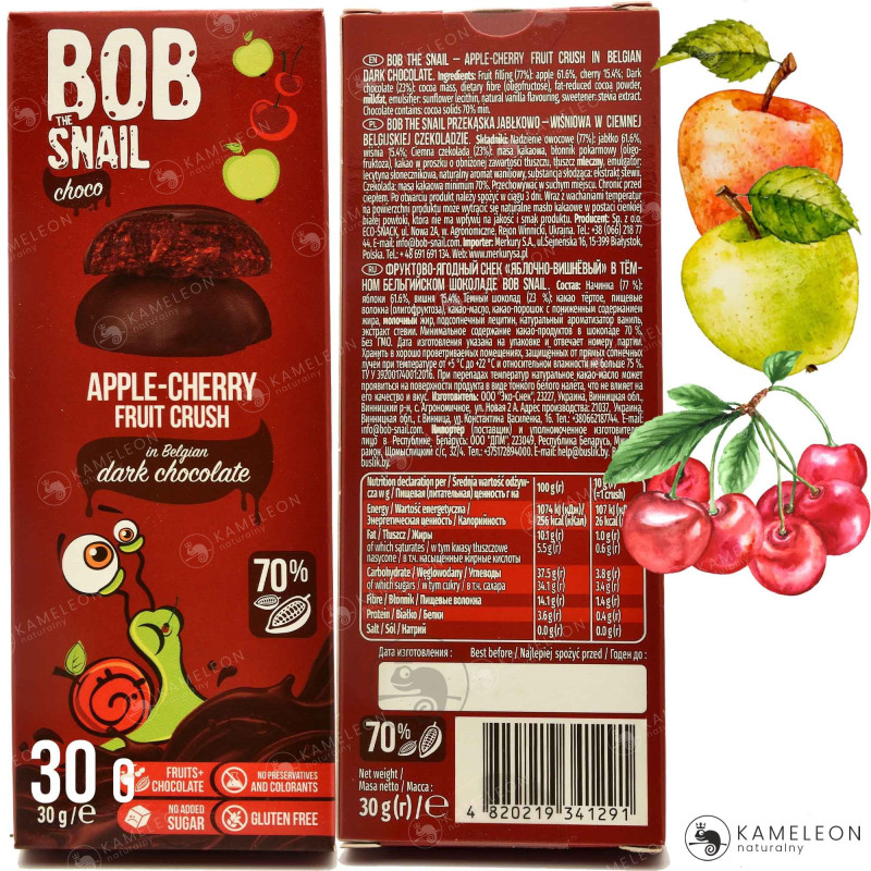 ŚLIMAK BOBSNAIL PRZEKĄSKA OWOCOWA JABŁKO-WIŚNIA w ciemnej CZEKOLADZIE 30G