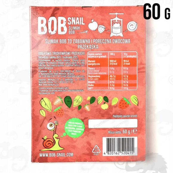 ŚLIMAK BOBSNAIL PRZEKĄSKA owocowa JABŁKOWO-TRUSKAWKOWA Jabłko Truskawka 60G ŚLIMAK BOBSNAIL PRZEKĄSKA owocowa JABŁKOWO-TRUSKAWKOWA Jabłko Truskawka 60G