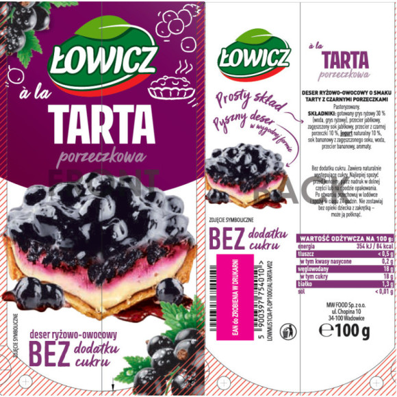 ŁOWICZ MUS deser RYŻ OWOCE à la TARTA PORZECZKOWA BEZ CUKRU tubka 100g