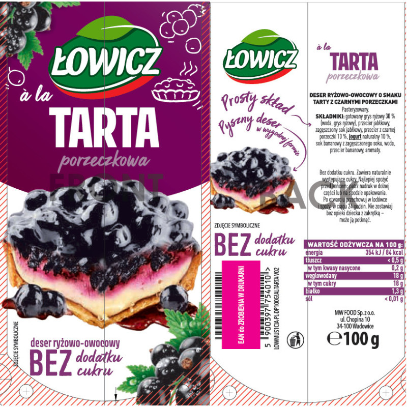 ŁOWICZ MUS deser RYŻ OWOCE à la TARTA PORZECZKOWA BEZ CUKRU tubka 100g