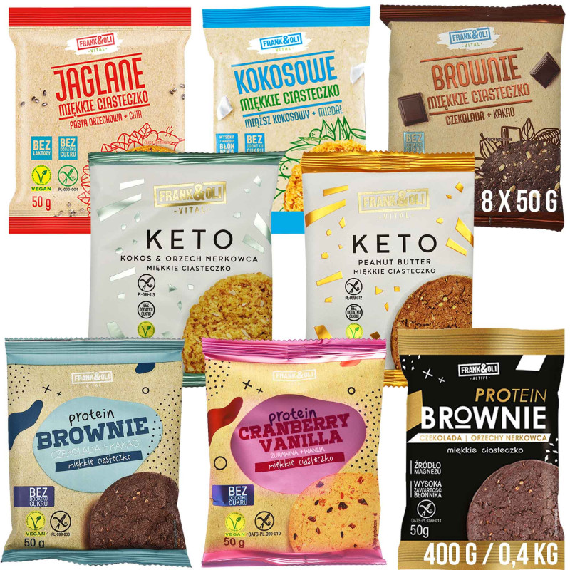 FRANK&OLI WEGAŃSKIE CIASTKA BEZ CUKRU GLUTENU MIX RÓŻNYCH SMAKÓW 50G x8szt 400G 0,4KG