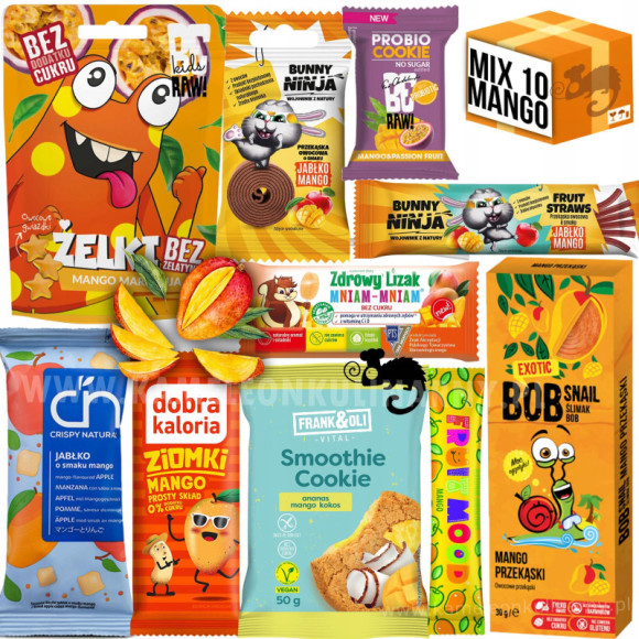 ZESTAW SŁODYCZY O SMAKU MANGO 10szt CIASTKO BATON LIZAK ŻELKI GALARETKI itp ZESTAW SŁODYCZY O SMAKU MANGO 10szt CIASTKO BATON LIZAK ŻELKI GALARETKI itp