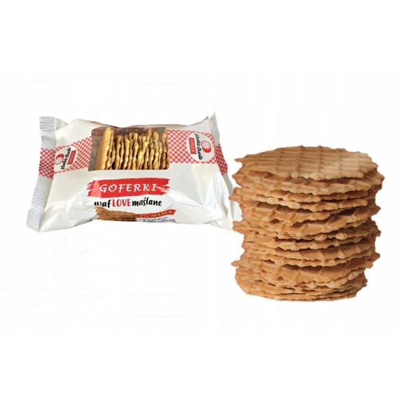 GOFERKI WAFLOWE waflove MAŚLANE wafle z masłem 7% SŁODKIE 70g GOTSZLIK GOFERKI WAFLOWE waflove MAŚLANE wafle z masłem 7% SŁODKIE 70g GOTSZLIK