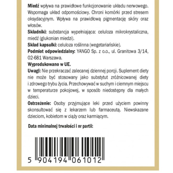Yango MIEDŹ FORMA ORGANICZNA wprawie UKŁAD NERWOWY