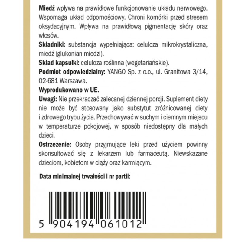 Yango MIEDŹ FORMA ORGANICZNA wprawie UKŁAD NERWOWY