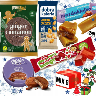 MINI ZESTAW SŁODYCZY Święta mix 5szt CIASTKO GALARETKA BATON KRÓWKA WAFELEK