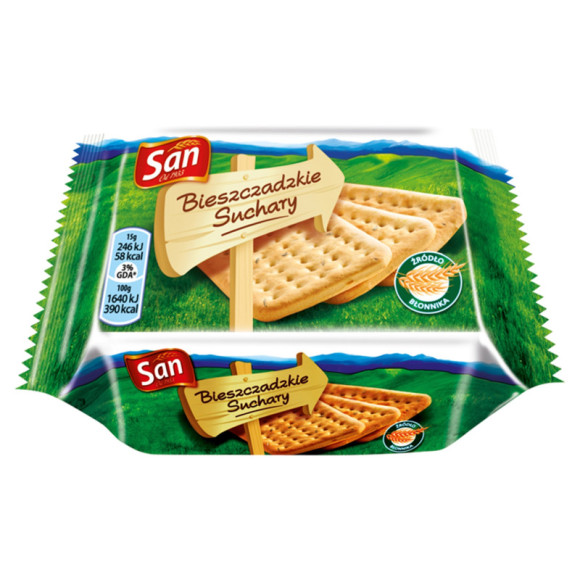 SUCHARY BIESZCZADZKIE SUCHARKI Z TRADYCJĄ 6szt źródło błonnika 1op. 90g SAN SUCHARY BIESZCZADZKIE SUCHARKI Z TRADYCJĄ 6szt źródło błonnika 1op. 90g SAN