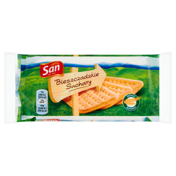 SUCHARY BIESZCZADZKIE SUCHARKI Z TRADYCJĄ 6szt źródło błonnika 1op. 90g SAN SUCHARY BIESZCZADZKIE SUCHARKI Z TRADYCJĄ 6szt źródło błonnika 1op. 90g SAN