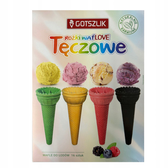 WAFLE TĘCZOWE ROŻKI WAFLOVE WAFLOWE DO LODÓW KOLOROWE 16szt 70g GOTSZLIK WAFLE TĘCZOWE ROŻKI WAFLOVE WAFLOWE DO LODÓW KOLOROWE 16szt 70g GOTSZLIK