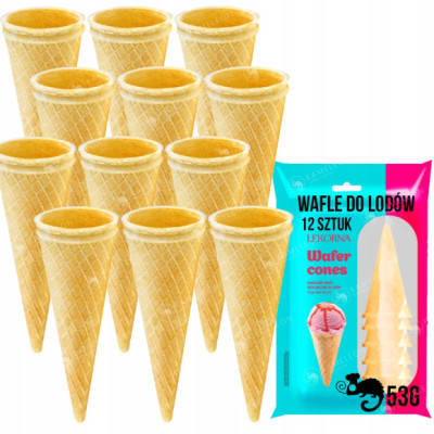 WAFLE WAFELKI DO LODÓW NA LODY chrupkie i lekkie ROŻKI WAFLOWE 12sztuk 53G