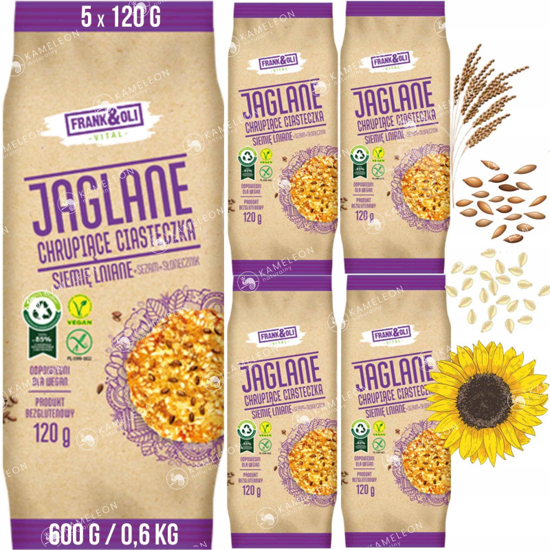 FRANK&OLI wegańskie JAGLANE CIASTECZKA SIEMIĘ SEZAM SŁONECZNIK bez glutenu 120G x5szt