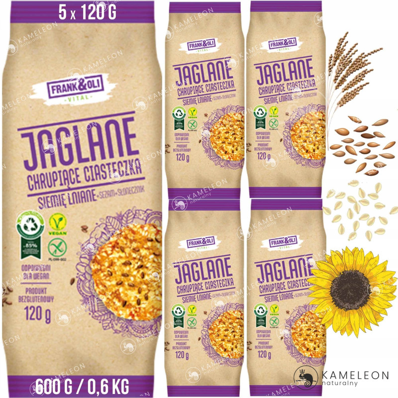 FRANK&OLI wegańskie JAGLANE CIASTECZKA SIEMIĘ SEZAM SŁONECZNIK bez glutenu 120G x5szt