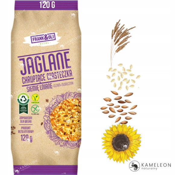FRANK&OLI wegańskie JAGLANE CIASTECZKA SIEMIĘ SEZAM SŁONECZNIK bez glutenu 120G x5szt FRANK&OLI wegańskie JAGLANE CIASTECZKA SIEMIĘ SEZAM SŁONECZNIK bez glutenu 120G x5szt