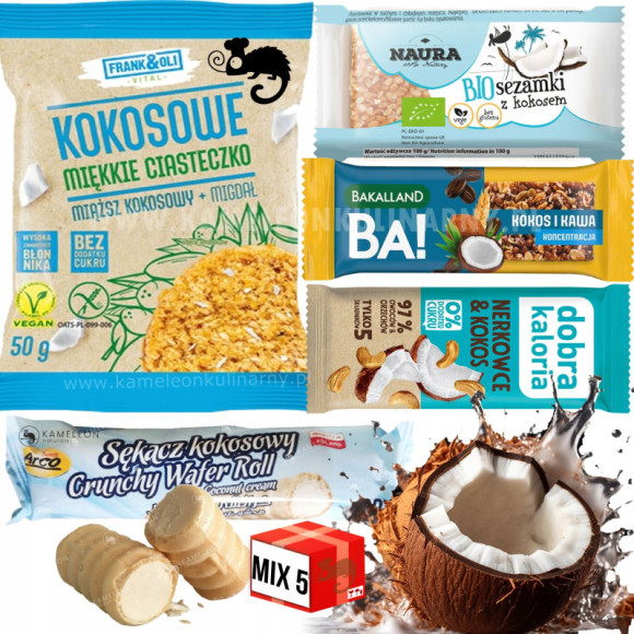 ZESTAW SŁODYCZY mix 5szt smak KOKOS Baton Sękacz Sezamki Ciastko Batonik ZESTAW SŁODYCZY mix 5szt smak KOKOS Baton Sękacz Sezamki Ciastko Batonik