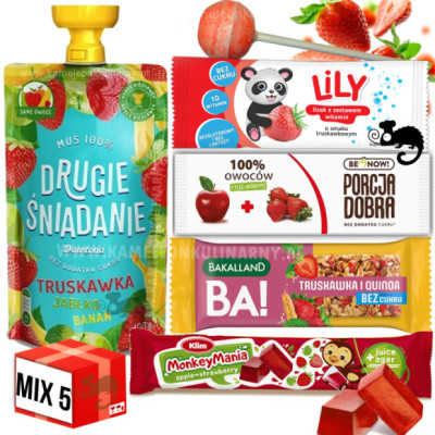 ZESTAW SŁODYCZY SMAK TRUSKAWKA mix 5szt MUS LIZAK BATON GALARETKA PRZEKĄSKA