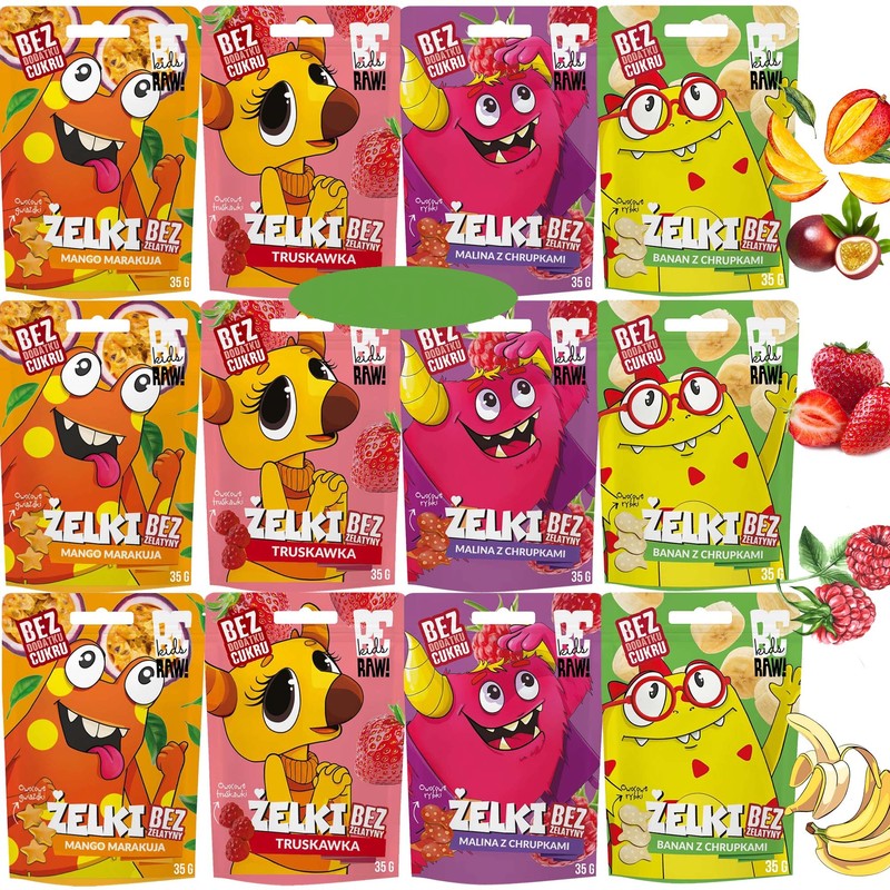 BE RAW KIDS zdrowe ŻELKI BEZ CUKRU ŻELATYNY mix 4 smaków