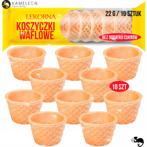 KOSZYCZKI WAFLOWE bez cukru WAFELKI na słodko i na słono 4,5x3cm 10szt 22G KOSZYCZKI WAFLOWE bez cukru WAFELKI na słodko i na słono 4,5x3cm 10szt 22G
