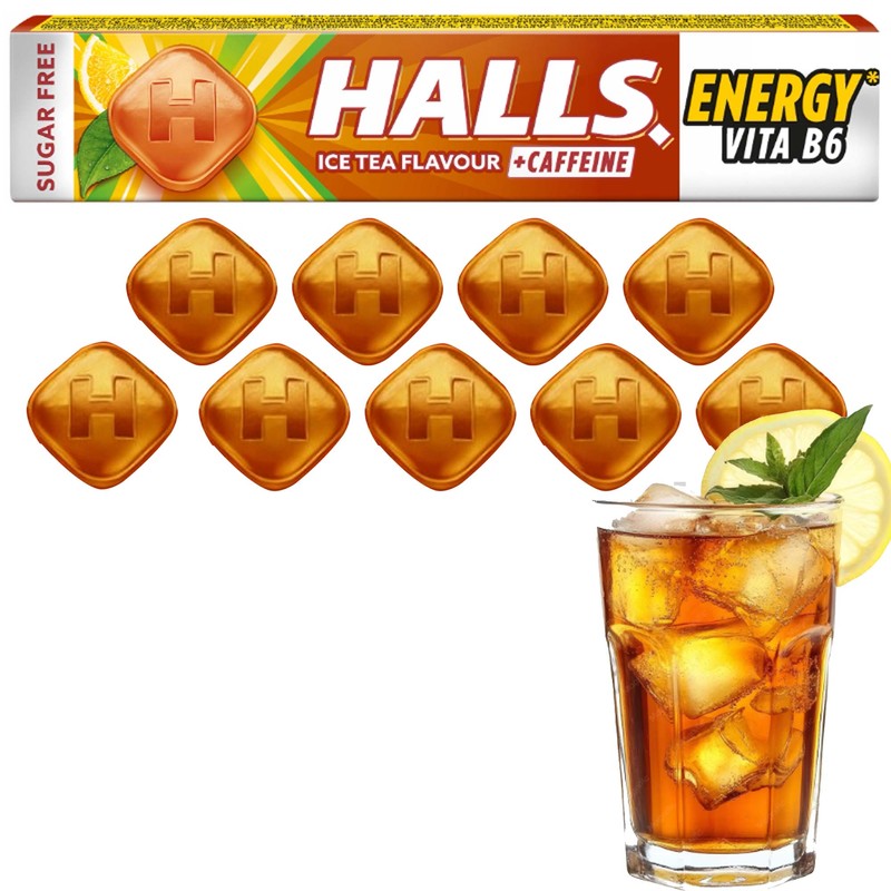 HALLS ENERGY cukierki w kofeiną i wit b6 smak ICE TEA BEZ