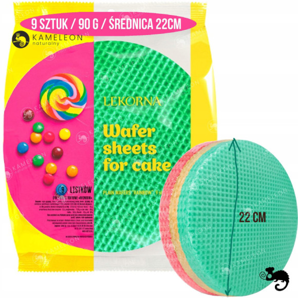 WAFLE TORTOWE RAINBOW KOLOROWE TĘCZA tęczowe 22cm 9szt 90G LECORNA WAFLE TORTOWE RAINBOW KOLOROWE TĘCZA tęczowe 22cm 9szt 90G LECORNA