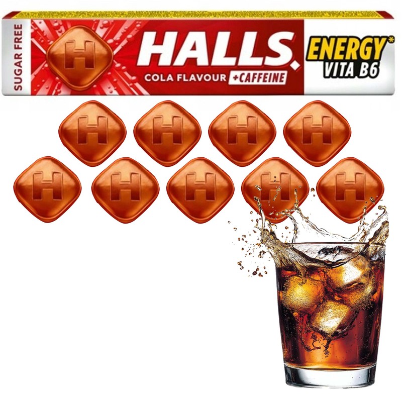 HALLS COLA + KOFEINA ENERGY cukierki w kofeiną i wit b6 BEZ