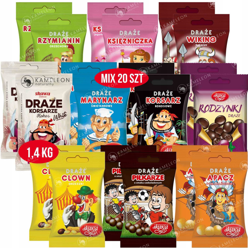 DRAŻE CUKIERKI POLSKIE SŁODYCZE Z TRADYCJĄ Skawa MIX 20 SMAKÓW 1400g 1,4 kg