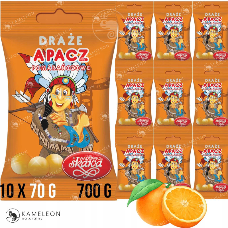 DRAŻE cukierki słodycze pomarańczowe APACZ SKAWA 70g x10szt 700g 0,7KG