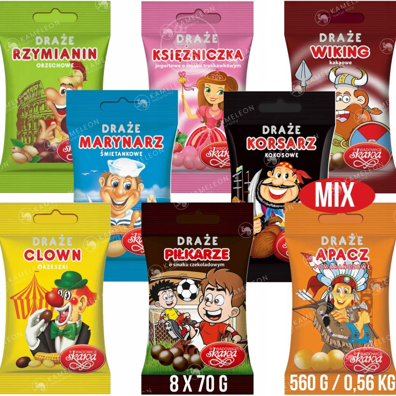 DRAŻE CUKIERKI słodycze SKAWA MIX RÓŻNYCH SMAKÓW 70G x8 560g  0,56KG