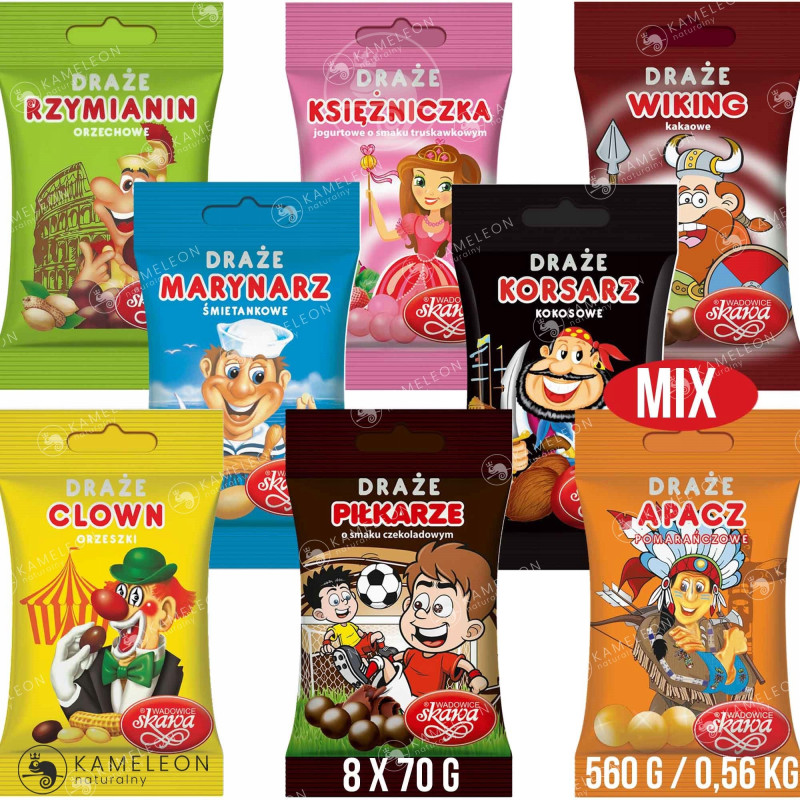 DRAŻE CUKIERKI słodycze SKAWA MIX RÓŻNYCH SMAKÓW 70G x8 560g  0,56KG