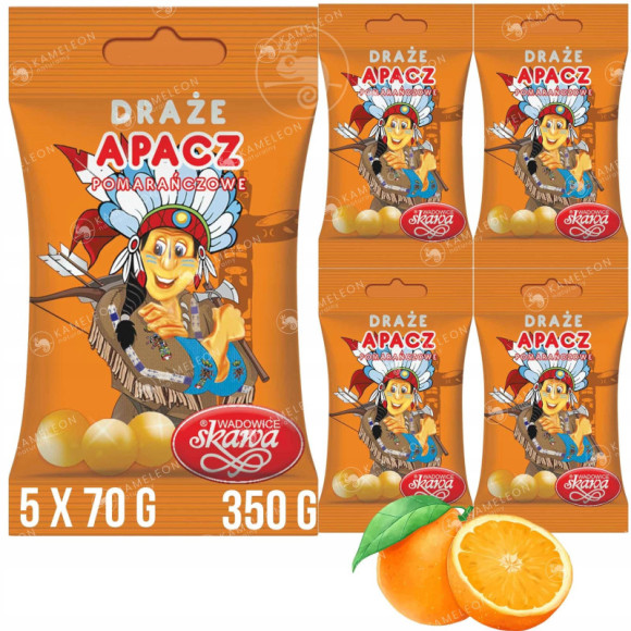 DRAŻE cukierki smak pomarańczowy APACZ SKAWA 70g x 5szt 350g 0,35KG DRAŻE cukierki smak pomarańczowy APACZ SKAWA 70g x 5szt 350g 0,35KG