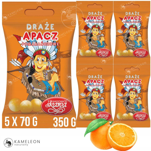 DRAŻE cukierki smak pomarańczowy APACZ SKAWA 70g x 5szt 350g 0,35KG DRAŻE cukierki smak pomarańczowy APACZ SKAWA 70g x 5szt 350g 0,35KG