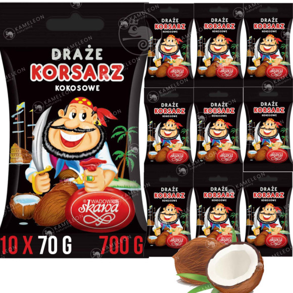 DRAŻE KORSARZE cukierki kokosowe kokos SKAWA 70g x10szt 700g 0,7KG DRAŻE KORSARZE cukierki kokosowe kokos SKAWA 70g x10szt 700g 0,7KG