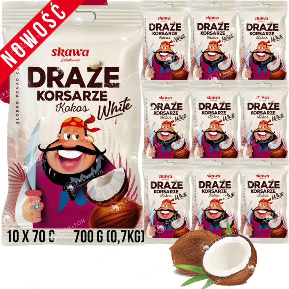 DRAŻE KORSARZE KOKOSOWE kokos WHITE BIAŁE SKAWA 70g x10szt 700g 0,7KG DRAŻE KORSARZE KOKOSOWE kokos WHITE BIAŁE SKAWA 70g x10szt 700g 0,7KG