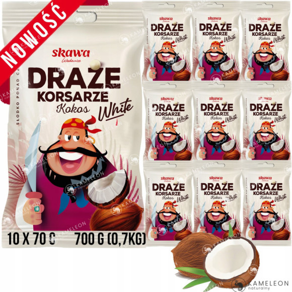 DRAŻE KORSARZE KOKOSOWE kokos WHITE BIAŁE SKAWA 70g x10szt 700g 0,7KG DRAŻE KORSARZE KOKOSOWE kokos WHITE BIAŁE SKAWA 70g x10szt 700g 0,7KG