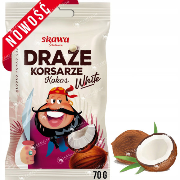 DRAŻE KORSARZE KOKOSOWE smak kokos WHITE BIAŁE SKAWA 70g DRAŻE KORSARZE KOKOSOWE smak kokos WHITE BIAŁE SKAWA 70g
