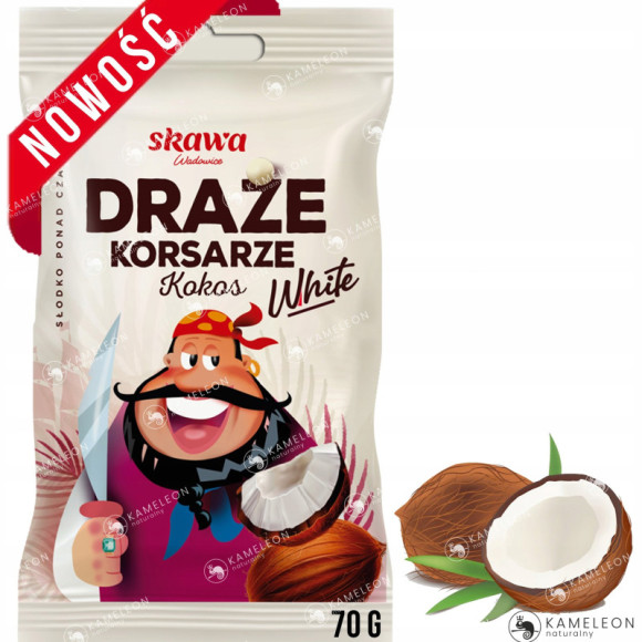 DRAŻE KORSARZE KOKOSOWE smak kokos WHITE BIAŁE SKAWA 70g DRAŻE KORSARZE KOKOSOWE smak kokos WHITE BIAŁE SKAWA 70g