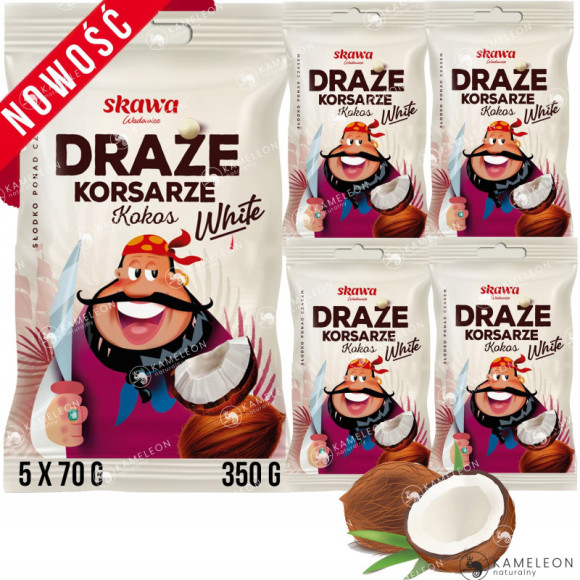 DRAŻE KORSARZE KOKOSOWE WHITE BIAŁE SKAWA 70g x 5szt 350g 0,35KG DRAŻE KORSARZE KOKOSOWE WHITE BIAŁE SKAWA 70g x 5szt 350g 0,35KG