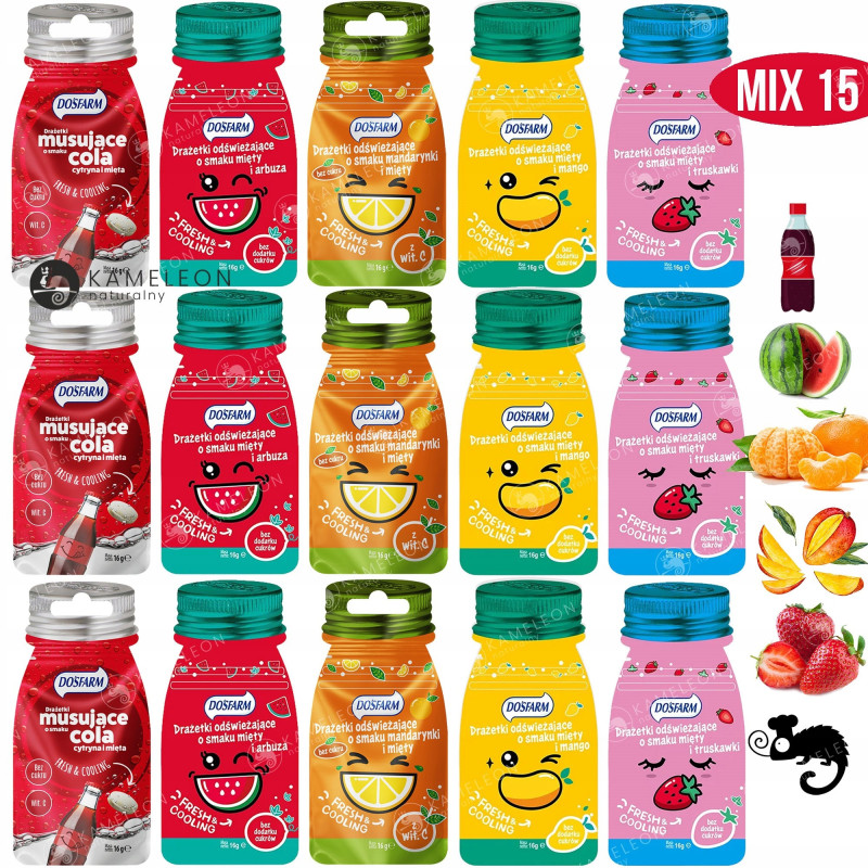 DRAŻE ODŚWIEŻAJĄCE mix SMAKÓW ARBUZ TRUSKAWKA MANGO 16g x15 szt