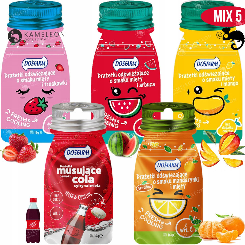 DRAŻE ODŚWIEŻAJĄCE mix SMAKÓW ARBUZ TRUSKAWKA MANGO MANDARYNKA COLA 16g x5