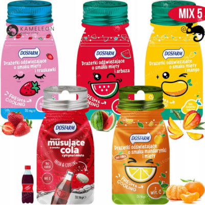 DRAŻE ODŚWIEŻAJĄCE mix SMAKÓW ARBUZ TRUSKAWKA MANGO MANDARYNKA COLA 16g x5