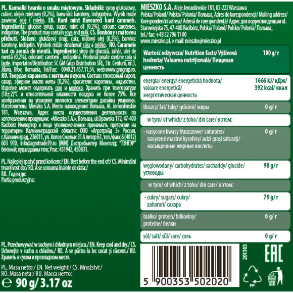 LANDRYNKI MINT smak MIĘTOWY MIETOWE MIĘTÓWKI Karmelki cukierki 90g MIESZKO LANDRYNKI MINT smak MIĘTOWY MIETOWE MIĘTÓWKI Karmelki cukierki 90g MIESZKO