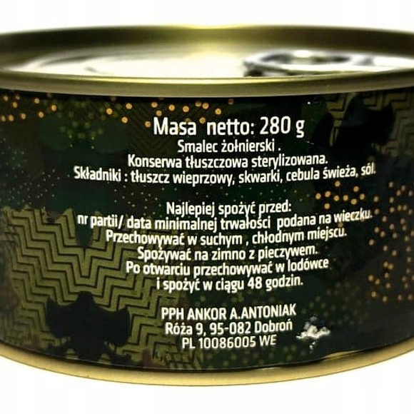 SMALEC WOJSKOWY ŻOŁNIERSKI ZE SKWARKAMI 280g KONSERWA W