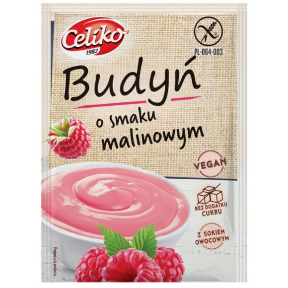 BUDYŃ MALINOWY O SMAKU MALINOWYM 40g BEZ CUKRU BEZ GLUTENU dla wegan Celiko BUDYŃ MALINOWY O SMAKU MALINOWYM 40g BEZ CUKRU BEZ GLUTENU dla wegan Celiko