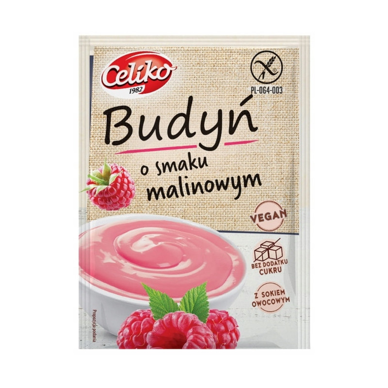 BUDYŃ MALINOWY O SMAKU MALINOWYM 40g BEZ CUKRU BEZ GLUTENU dla wegan Celiko