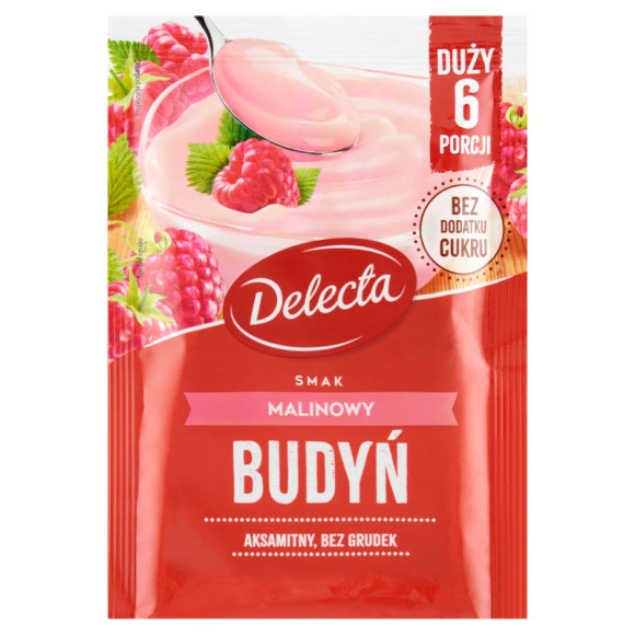 BUDYŃ SMAK MALINOWY MALINA duży 64g na 6 PORCJI bez dodatku cukru Delecta BUDYŃ SMAK MALINOWY MALINA duży 64g na 6 PORCJI bez dodatku cukru Delecta