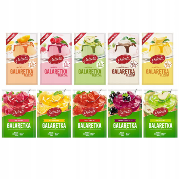 DELECTA GALARETKA GALARETKI mix aż 10 SMAKÓW!! MLECZNA i KLASYCZNA OWOCOWA DELECTA GALARETKA GALARETKI mix aż 10 SMAKÓW!! MLECZNA i KLASYCZNA OWOCOWA